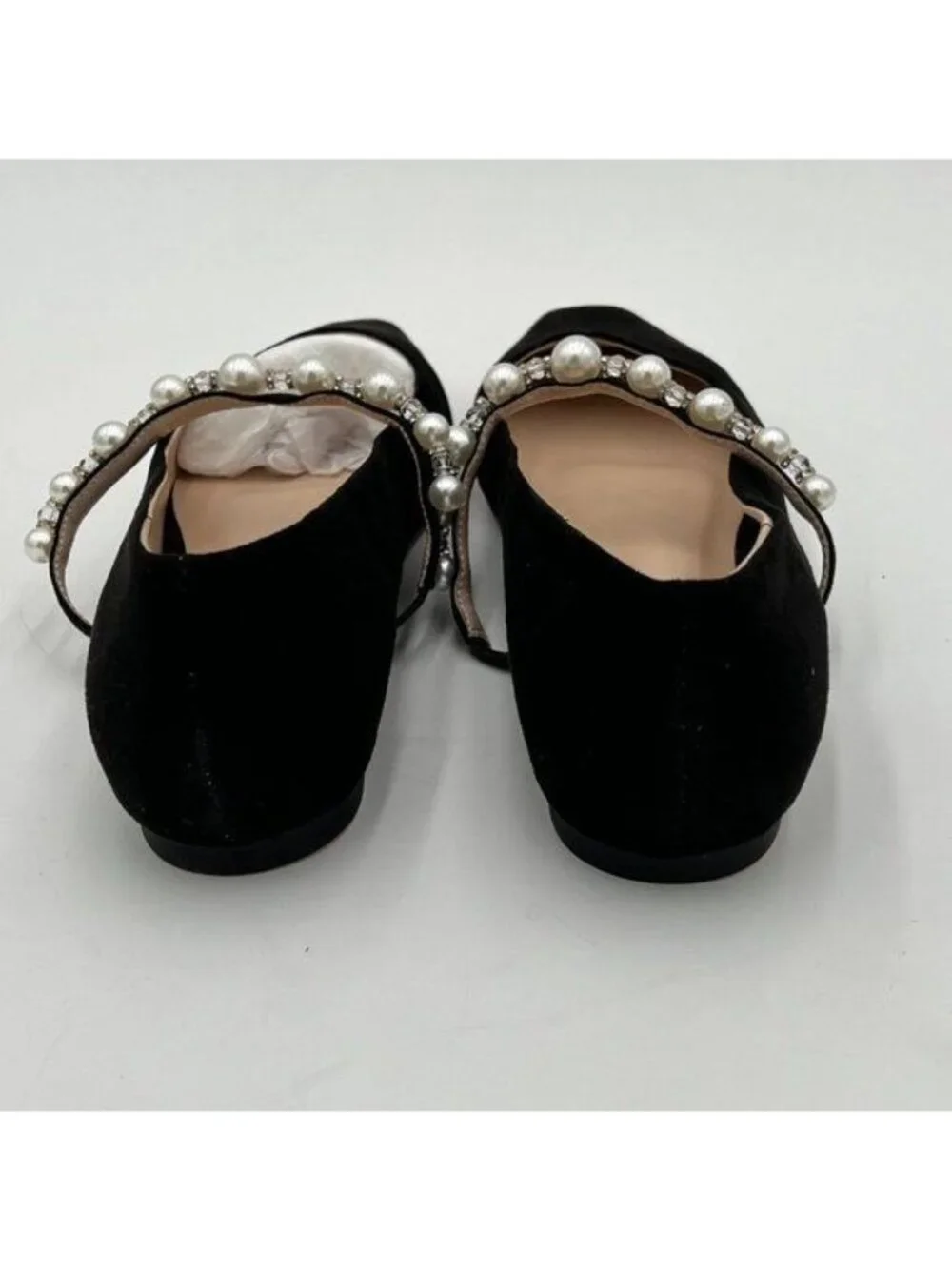FOWT Black Square Toe Slip on Flats Pearl Studded Strap Pumps Wedding Shoes